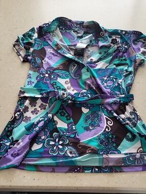 INC International Concepts Teal & Purple Floral Top With Belt